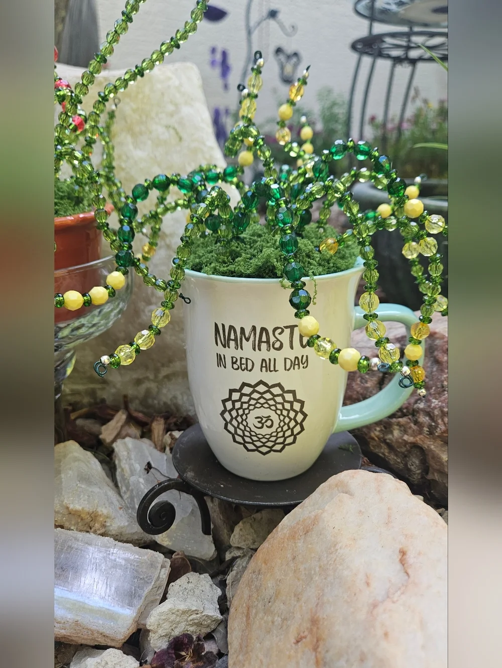 Namaste Ceramic Mug in White and Light Teal With Crystal Beaded Plant
